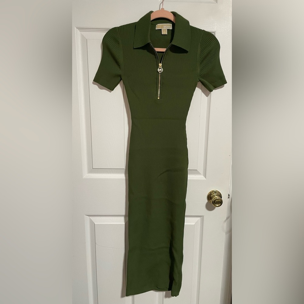 MICHAEL Michael Kors Olive Green Ribbed Polo Midi Dress